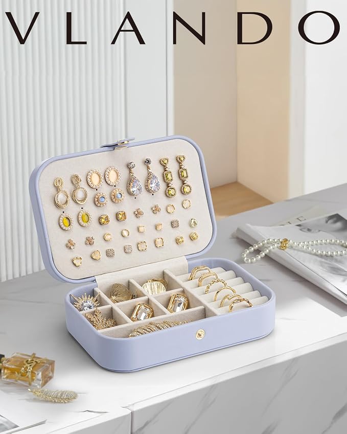VLANDO Travel Jewelry Case for Women Girls Mothers, PU Leather Portable Small Jewelry Box for Rings, Necklaces, Bracelets, Earring Holder Organizer Storage for Travel Gifts Bridesmaid Gifts - Purple - Image 2