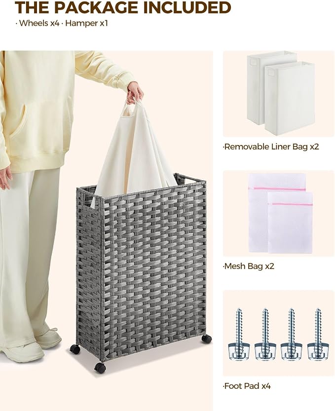 Greenstell Laundry Hamper with Wheels, 17.4 Gallon (66L) Slim Laundry Basket with 2 Removable Liner Bags & 2 Mesh Bags, Narrow Rattan Clothes Hamper for Bedroom, Laundry Room, Bathroom, Grey - Image 3