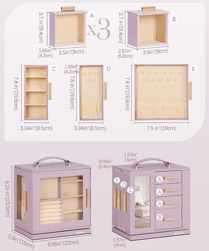 Homde Jewelry Box 360° Rotating, Necklace Earring Organizer with Transparent Window, Mirror, 7 Drawers, Large Ring Display Storage Case for Girls Women (Grey Purple) - Image 6