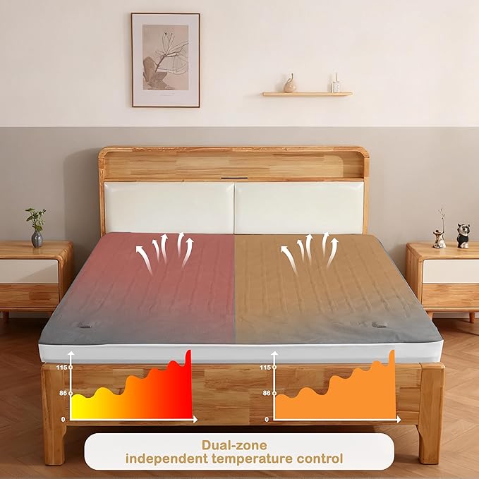 Electric Mattress Pad Queen Size 60"x80" with 10 Hours Auto Off 5Heat Setting Dual Controller Fit Up to 15 Inch Deep Pocket, Machine Washable - Gray