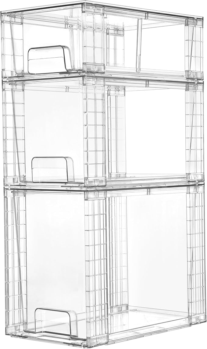 Vtopmart 3 Pack Clear Stackable Storage Drawers,Easy to Assemble Bathroom Organizers and Storage with handles,Plastic Drawers for Kitchen Pantry,Cabinet,Under Sink Organization by Vtopmart
