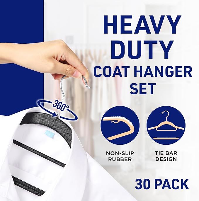 LifeMaster 30 Pcs. Dry Wet Clothes Hangers - Heavy Duty Coat Hanger Set with 360° Swivel Hook (Black) Non-Slip Rubber, Space-Saving, Frustration-Free Hanging, Accessory Tie Bar, Smart Strap Hooks - Image 5