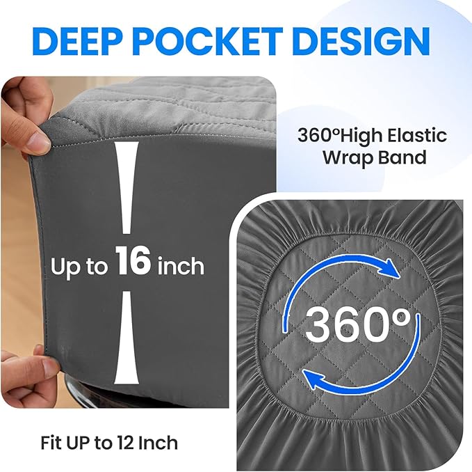 Waterproof Mattress Protector,Twin Mattress Protector Fitted Up to 16" Deep Pocket, Soft Breathable Bed Mattress Cover for Bedroom,Doom Room Machine Washable,(Gray)