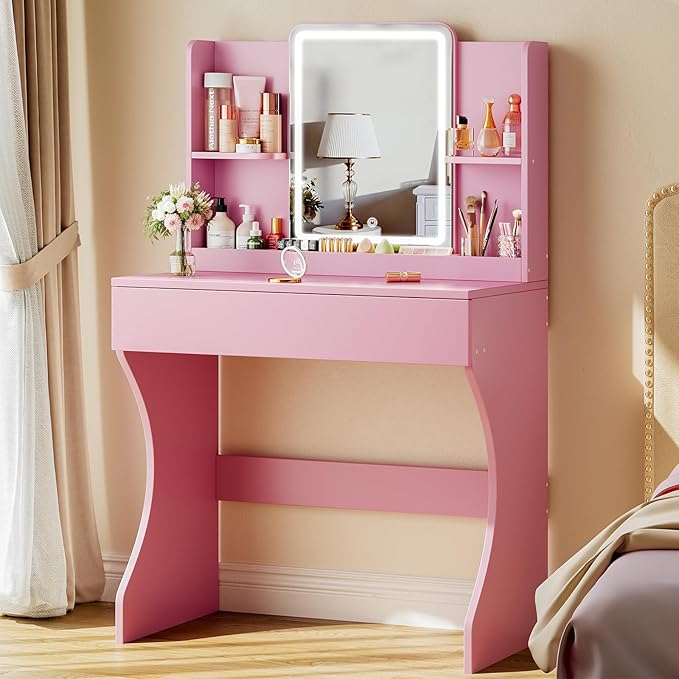 Driftalia Small Vanity Desk with Mirror and Lights, Makeup Vanity with Storage Drawer, 2 Shelves and 3 Compartments - Pink
