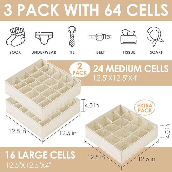 Criusia 3 Pack Sock Underwear Drawer Organizer Dividers, 64 Cell Fabric Foldable Cabinet Dresser Closet Organizers and Storage Boxes for Organizing Socks, Underwear, Ties (16+24+24 Cell, Beige) - Image 2