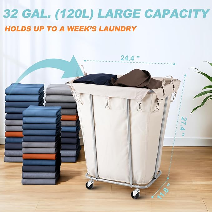 PLKOW Laundry Basket with Wheels 120L Heavy-Duty Laundry Cart with Removable Waterproof Bag, Metal Frame Clothes Basket with Lockable Casters for Home, Laundry Room, Hotel, Beige - Image 2