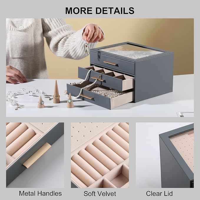 Frebeauty Clear Lid Jewelry Box,3-Layer Jewelry Organizer with Drawer,PU Leather Jewelry Organizers and Storage,Jewelry Boxes for Women,Jewelry Storage for Rings Earring Stud,Gift for Women(Grey) - Image 5