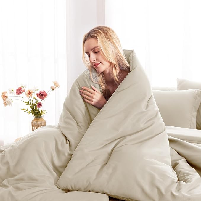 CozyLux King Size Comforter Set Oatmeal, 7 Pieces Bed in a Bag King Comforter Set with Sheets, Luxury Soft Bedding Sets with Down Alternative Comforter, Fitted Sheet, Flat Sheet, Pillowcases & Shams