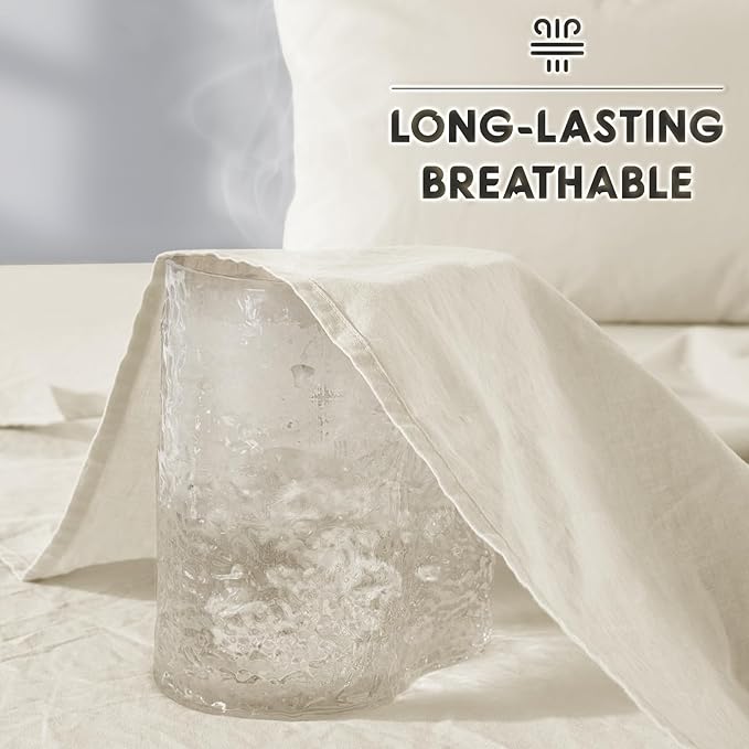 SONORO KATE 100% French Pure Linen Sheets, Breathable and Durable Line Full Size Sheets, Anti-Tear Line Bed Sheets, Machine Washable, 16 Inch Deep Pocket - 4 Piece (Cream, Full)