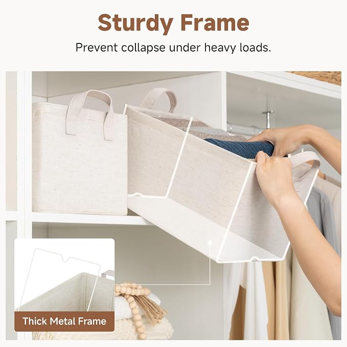 StorageWorks Storage Bins, Shelves Baskets for Organizing, Fabric Closet Organizers with Handles, Metal Frame, Beige-Cotton-linen, 2-Pack - Image 5