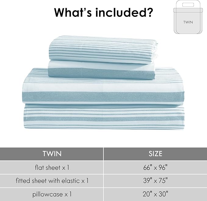 ClevaHome Classic Stripe Sheet Set - 3 Pieces Super Soft & Breathable Bed Sheet Set with Deep Pocket, Enhanced Comfort & Easy Care (Twin, Glacier Stripe)