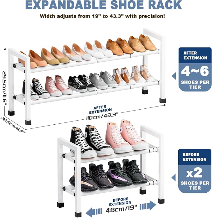Mavivegue Expandable Shoe Rack, 2-Tier 19"-43.3" Adjustable Shoe Rack for Closet,Hall Entryway,Front Door,Garage, Sturdy Steel Space-Saving Rack, White​ - Image 3