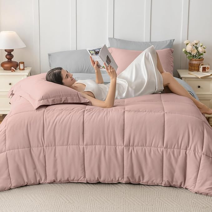 JOLLYVOGUE Twin XL Comforter Set, Ultra-Soft Bed in a Bag Twin XL Size 5 Pieces, Oeko-TEX Certified Bedding Set with Down Alternative Comforter, Sheets, Pillowcases & Shams, Pink & Light Grey