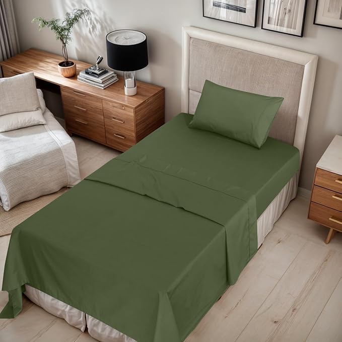 RUVANTI 100% Cotton Sheets – Twin XL Size Percale Bedding, Cooling & Breathable, Durable with a Crisp, Soft & Comfortable Feel, 16" Deep Pocket, 3-Piece Set, Chive