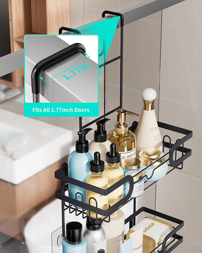 HapiRm Hanging Shower Caddy Over the Door with 14 Hooks and Soap Holder, No Drilling Adhesive Shower Storage, Rustproof & Waterproof Stainless Steel Bathroom Shelves - Black - Image 4