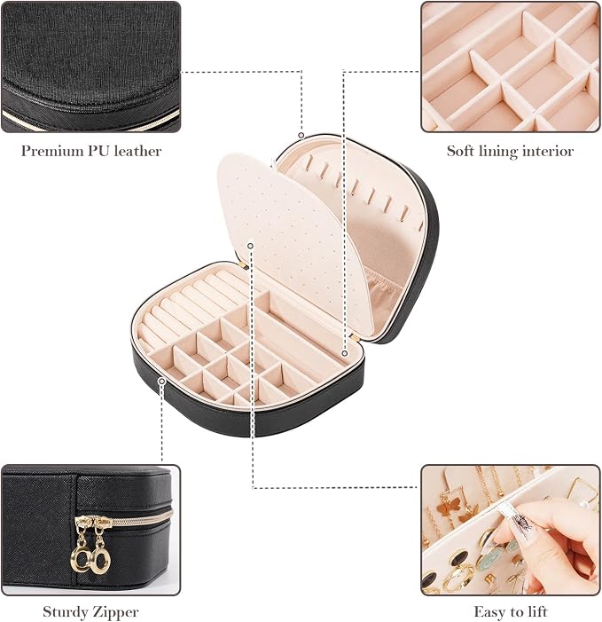 ProCase Travel Size Jewelry Box, Large Portable Seashell-Shaped Jewelry Case, 2 Layer Jewelry Organizer in PU Leather for Women -Black - Image 5