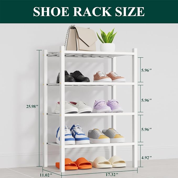 Smiry Shoe Rack, 4 Tier Thick Small Bamboo Shoe Organizer, Stackable Free Standing Wooden Shoe Storage Shelf for Closet, Entryway, Front Door Entrance, White - Image 2