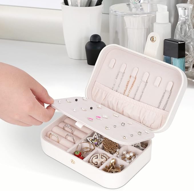 FEISCON Travel Jewelry Box, Jewelry Organizer for Girls Gift Small Jewelry Storage Box for Necklace Ring and Earrings Girls Jewelry Box/WHITE - Image 2