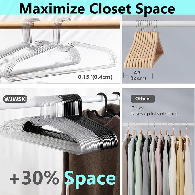 Clothes Hangers 30 Pack, 16" Heavy Duty Coat Hanger, Clear Acrylic Hangar, Non-slip Short Neck Hanger for Closet, Space Saving Slim Thin Perchas for Adult Suit, T-shirt, Jacket, Dress, Blouse Clothing - Image 6