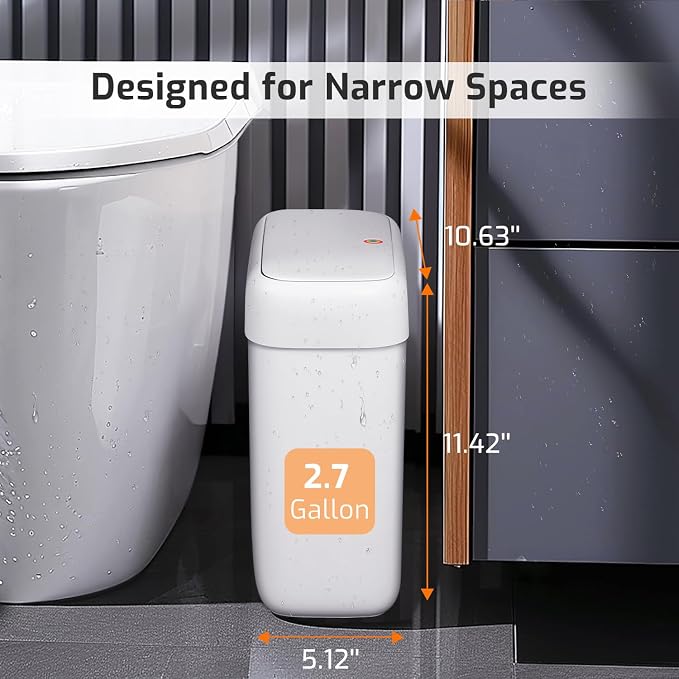 MOPALL Small Bathroom Trash Can with Lid, 2.6 Gallons / 10 L Slim Plastic Garbage Bin with Pop-Up Lid, Mini Waste Basket Can Dog Proof for Kitchen, Bedroom, Office, Laundry, Toilet, Rv, White - Image 2