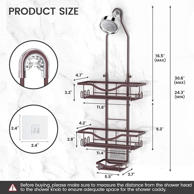 REINHARDT Shower Caddy Hanging Adjustable, Extended Length Rustproof Showers Caddy Over Showerhead with Hooks Soap Holder, Large Capacity Shower Organizer Anti-Swing Bathroom Organizer, Bronze - Image 6