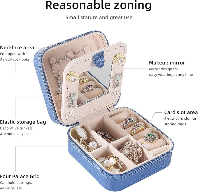 KElofoN Travel jewelry case Travel jewelry box Travel Jewelry Organizer Small Jewelry Organizer Box Gift for Girls Women with Mirror(Deep blue) - Image 4