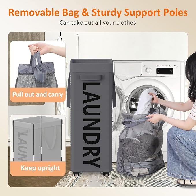 Optish Laundry Basket with Wheels, 90L Rolling Laundry Hamper with Wheels, Large Clothes Hamper on Wheel with Removable Mesh Bag for Bedroom, Bathroom, Dorm, Grey - Image 6