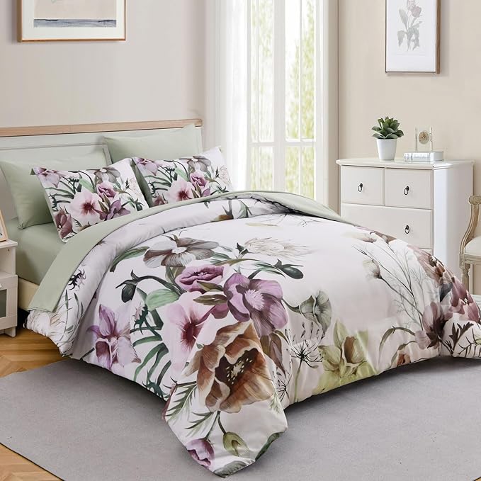 Luxudecor Floral Comforter Set King Size 7 Piece, Green Flower Bed in a Bag, Elegant Floral Comforter with Sheet Set, Soft Microfiber Bedding Set for All Season (Green, 104"x90")