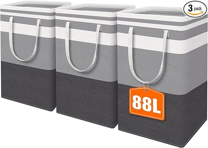 HomeHacks 3-Pack Large Laundry Basket, Waterproof, Freestanding Laundry Hamper, Collapsible Tall Clothes Hamper with Extended Handles for Clothes Toys in the Dorm and Family-(Gradient Grey, 88L) by HomeHacks