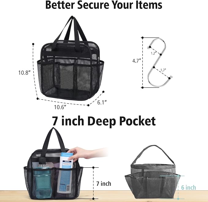 F-color Mesh Shower Caddy Portable with Zipper - Upgrade Deeper 7 Pockets Dorm Room Essentials for Guys Girls with S Hook, Shower Bag Basket Tote for College Camping Toiletry Bathroom, Black - Image 4