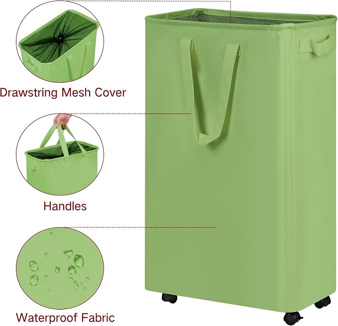 efluky Slim Laundry Hamper with Wheels, Rolling Laundry Basket for Clothes, Small Laundry Basket for Bedroom, Dorm and Laundry Room, 75L (19.8 Gallons) Green - Image 3