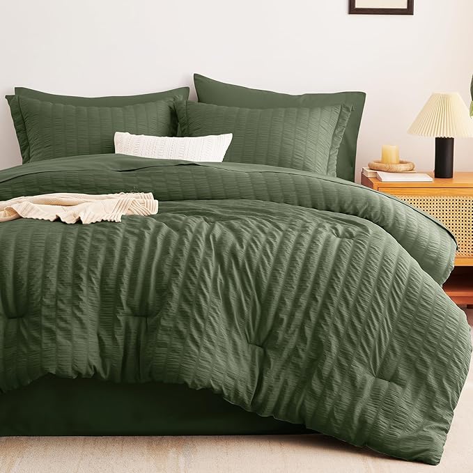 CozyLux Twin Comforter Set with Sheets 5 Pieces, Olive Green Seersucker Textured Bed in a Bag, Luxury Soft Bedding Sets with Down Alternative Comforter, Sheets, Pillowcase & Sham for All Seasons