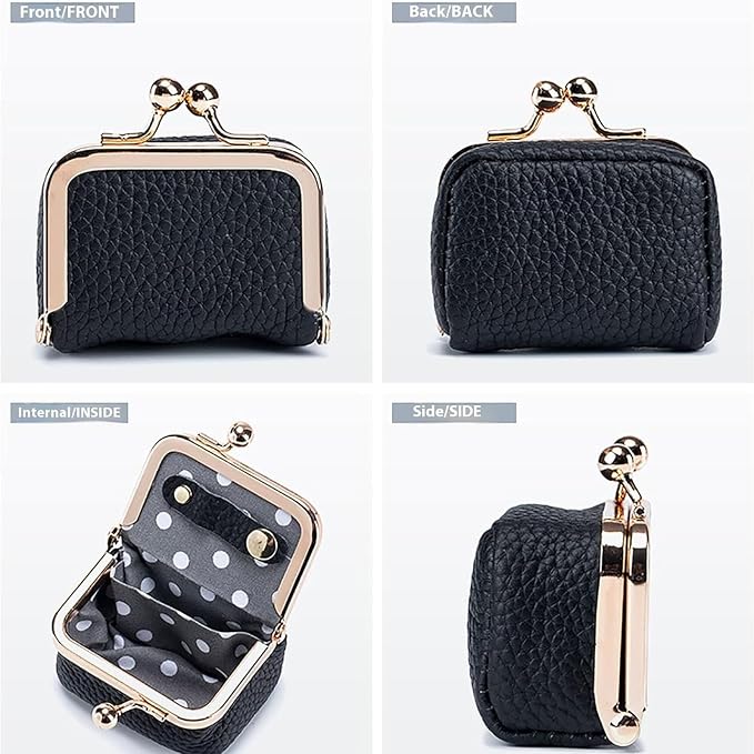 Genuine Leather Mini Jewelry Box, Portable Vintage-Inspired Genuine Leather Coin Purse Jewelry Case with Kiss Lock, Mini Travel Ring Box for Women for Earring/Ring/Necklace/Bracelet(Black) - Image 6