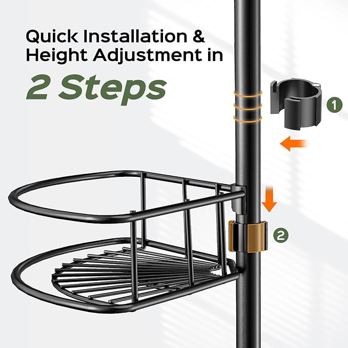 HAMITOR Shower Caddy Tension Pole: 4-Tier Rustproof Bathroom Corner Shelf Organizer for Renters - No Drill Large Shampoo Storage Rack - Adjustable 47-121 Inch - Space Saving Bathtub Accessory - Black - Image 4