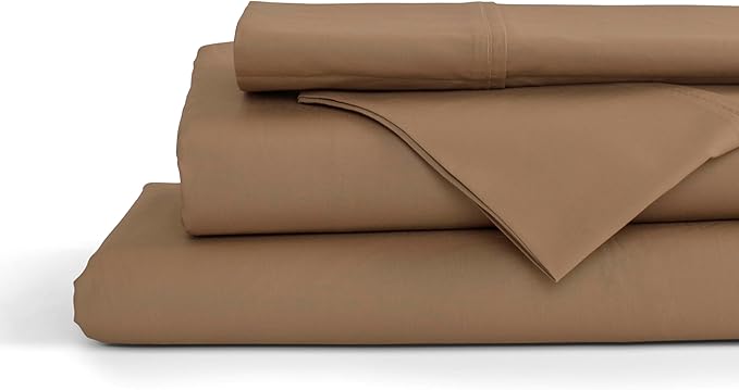 Linen Home 100% Cotton Percale Sheets Full Size, Earthy Brown, Deep Pocket, 4 Pieces Set - 1 Flat, 1 Deep Pocket Fitted Sheet and 2 Pillowcases, Crisp Cool and Strong Bed Linen