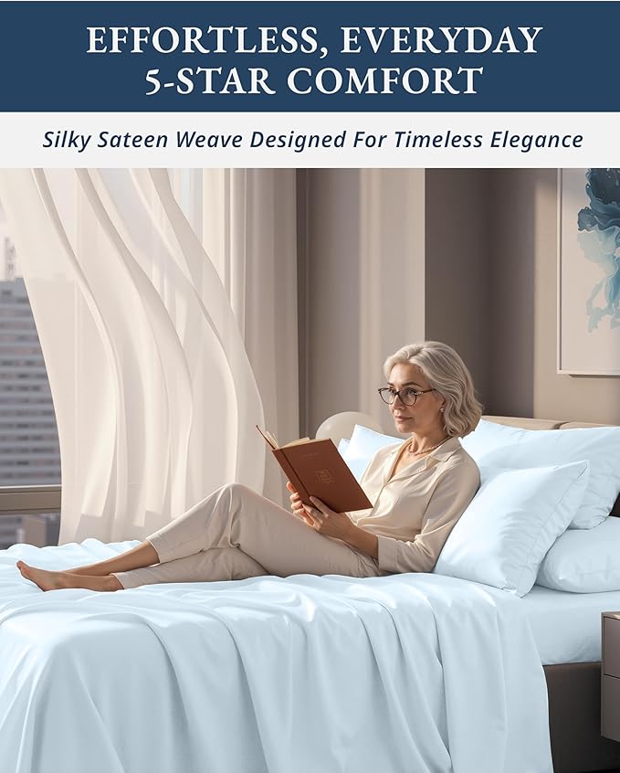 LANE LINEN 100% Egyptian Cotton Queen Sheets Set, Long Staple Mercerized Cotton Bedding Sheets, Sateen Weave, Luxury Hotel Sheets, Deep Pocket - Ice Melt