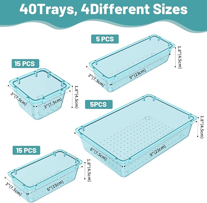 WOWBOX 40 PCS Plastic Drawer Organizer Set, 4 Sizes Desk Drawer Organization and Storage Containers for Makeup, Cosmetics, Jewelry and Gadgets in Kitchen, Bathroom, Bedroom, Office, Clear Sea Blue - Image 3
