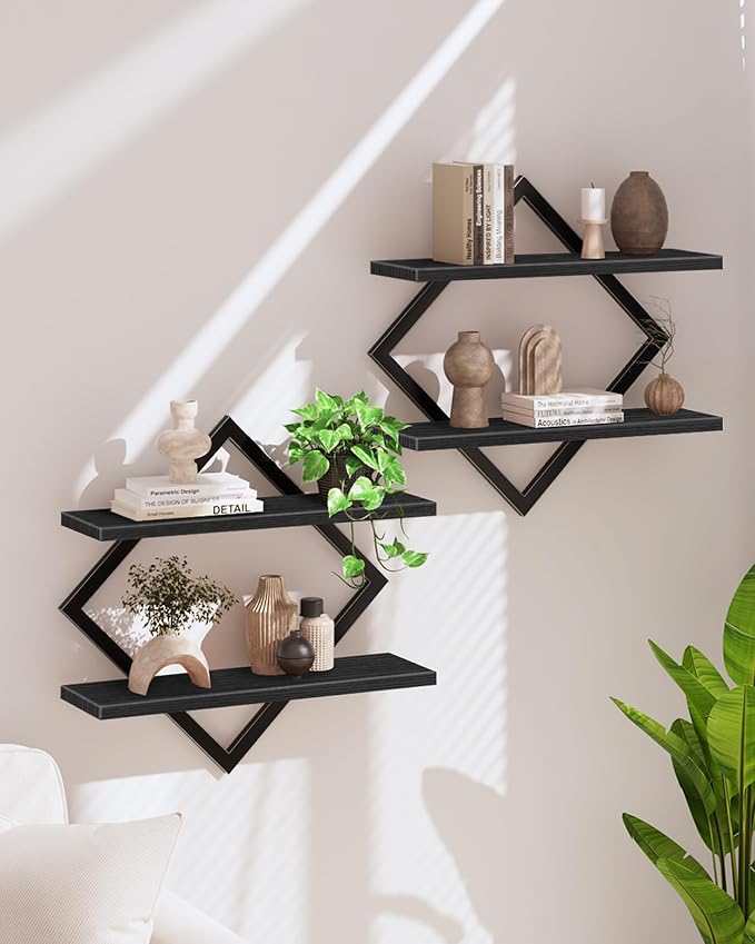 CHOEZON Floating Shelves, Set of 2 Wall Shelves, 2-Tier Hanging Shelves, Wall Shelf Set of 2, Wall Mounted Shelves, for Living Room, Bedroom, Kitchen, Office, Study, Black TBJ01P2BB by Choezon