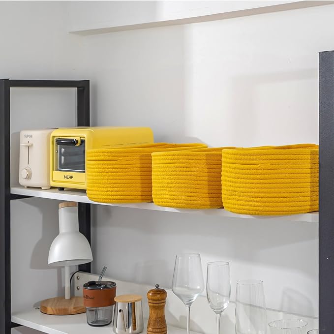 CubesLand Rope Woven Storage Baskets, Small Baby Nursery Organizer Basket, Rectangular Organization/Storage Bins, Closet Shelves Baskets，Empty Gift Basket 3 Packs, Yellow - Image 7