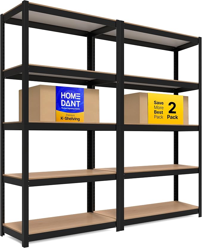 HOMEDANT House 36.2" W 5 Tier Heavy Duty Garage Shelving Adjustable Metal Rack Storage Shelves Standing Shelf Unit Organizers Pantry Closet Office Black 2Pack by TheBestOrganizingSolution