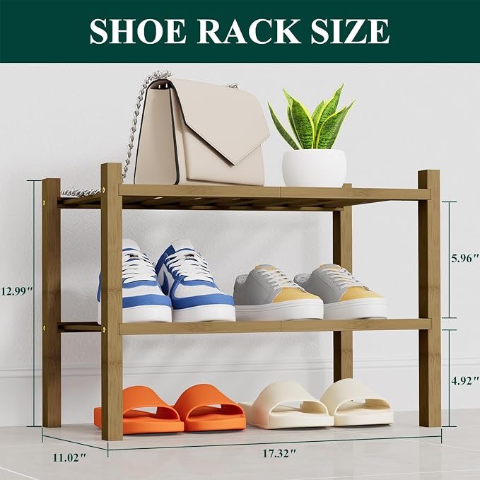 Smiry Shoe Rack, 2 Tier Thick Small Bamboo Shoe Organizer, Stackable Free Standing Wooden Shoe Storage Shelf for Closet, Entryway, Front Door Entrance, Walnut - Image 2