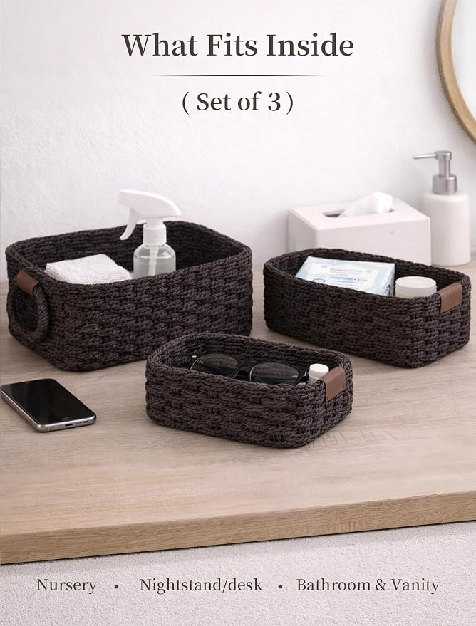 Storage Basket, Recycled Paper Rope Basket Organizer, 3Pcs Small Baskets for Organizing, Mini wicker Basket for Decorative Storage Bins, Shelves, Cabinet - Dark Brown - Image 3