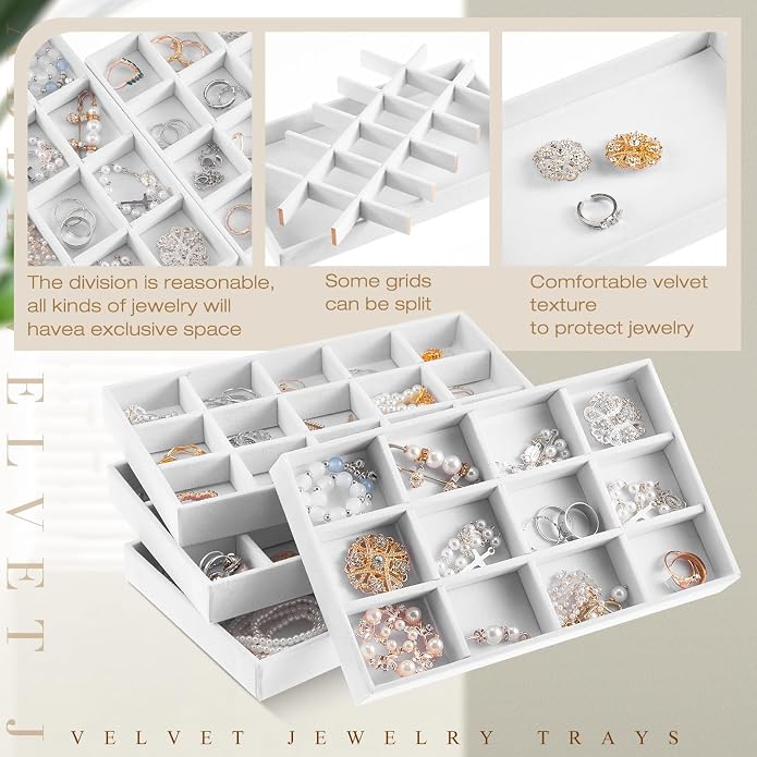 Junkin 12 Pcs Jewelry Tray Velvet Stackable Jewelry Organizer Trays Divided Earring Accessories Storage Containers Box (Rose Red) - Image 3