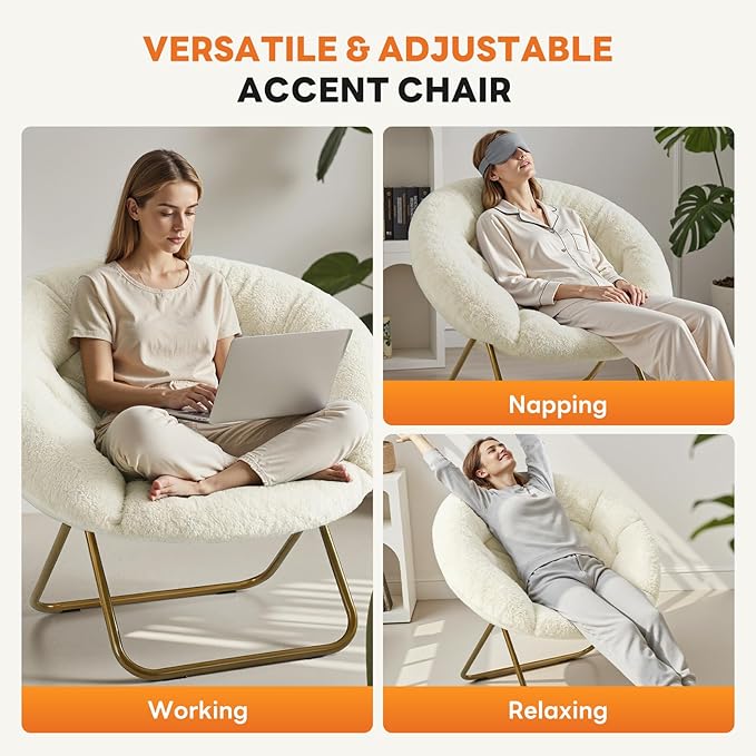 Sweetcrispy Saucer Chairs, Comfy Folding Cozy Faux Fur Living Room Reading Lounge Chair with Soft Thick Padded Seat & Metal Frame Modern Style Bedroom Home Dorm for Kids Adults, X-Large - Cream
