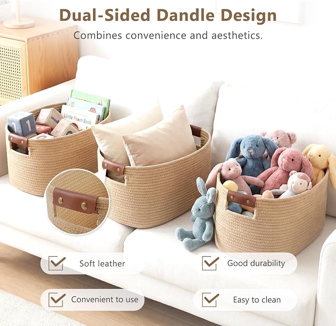 ECDYQXVU Cotton Rope Basket, Storage Baskets with Handle, 15x10x9 Inch Woven Basket for Shelves, Laundry, Towels, Clothes, Books (Jute/Brown 3Pack) - Image 4