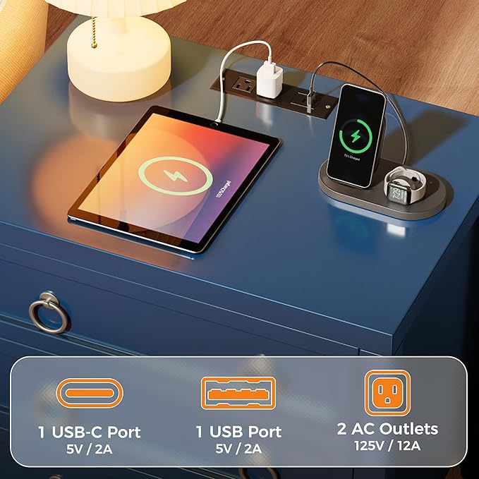 Huuger 23.6 Inch Night Stand with Charger Station and USB-C Port, 3 Drawer Nightstands Set of 2, Larger Wider Bedside Table, Modern End Table, for Bedroom, Blue Nightstand