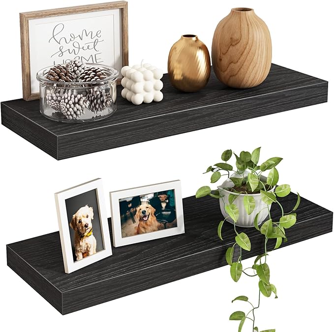 Fixwal Floating Shelves for Wall, 15.7" Wood Wall Mounted Shelves for Living Room, Bedroom, Bathroom and Kitchen, for Storage, Books, Room Decor (Black, Set of 2) by Fixwal