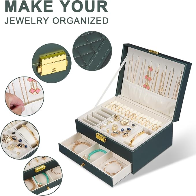 GUOER Jewelry Box for Women Girl Wife - Large PU Leather Jewelry Organizer Storage Case with Two Layers Display for Earrings Bracelets Rings Watches (Hunter Green) - Image 2