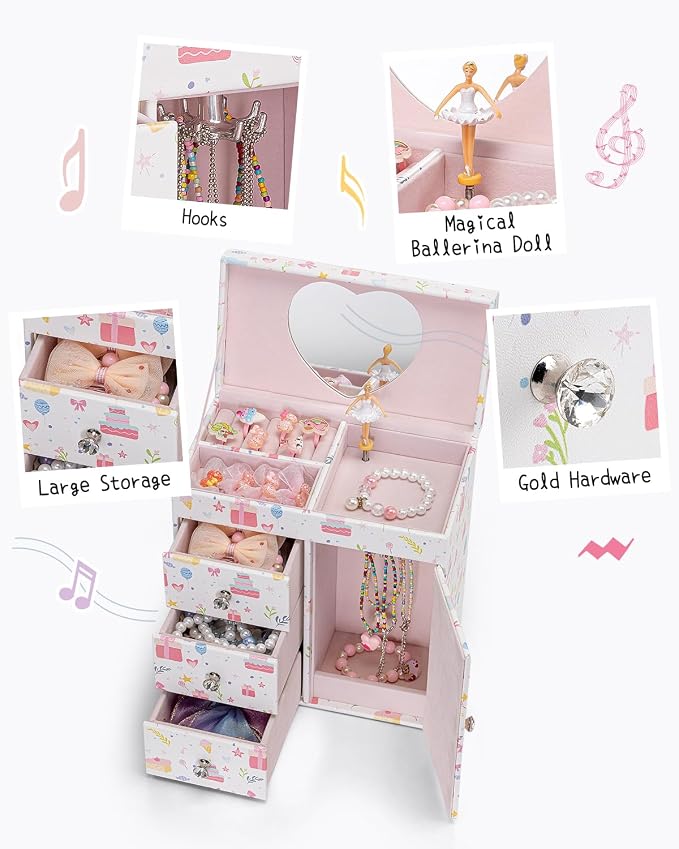 VLANDO Musical Jewelry Box for Girls, Large Kid Music Box with Ballerina for Birthday Bedroom Decor, 4 Layer Girl Jewelry Gifts for Girls Kids - Fantasy - Image 2
