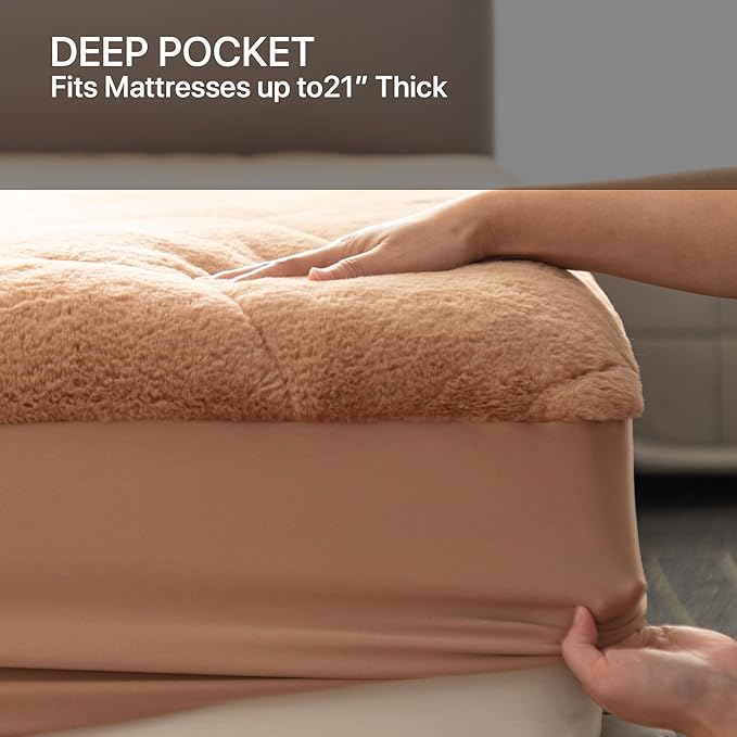 Faux Fur Fitted Mattress Pad Quilted Bottom Sheet, Fluffy Mattress Protector Cover, Luxury Soft Fitted Sheet Mattress Topper with 8-21" Deep Pocket Queen